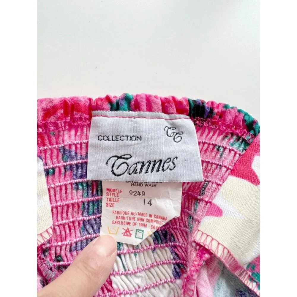 Vintage 80's CANNES Pink Floral Cotton Canvas Halter Midi Circle Dress, Size 14 - Picture 13 of 15